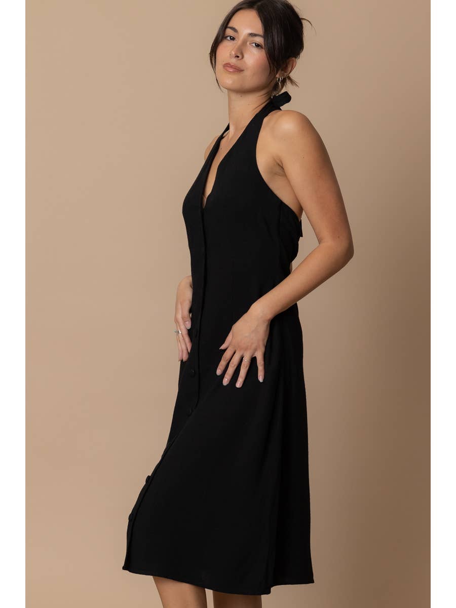 Black Halter Button Down Linen Dress