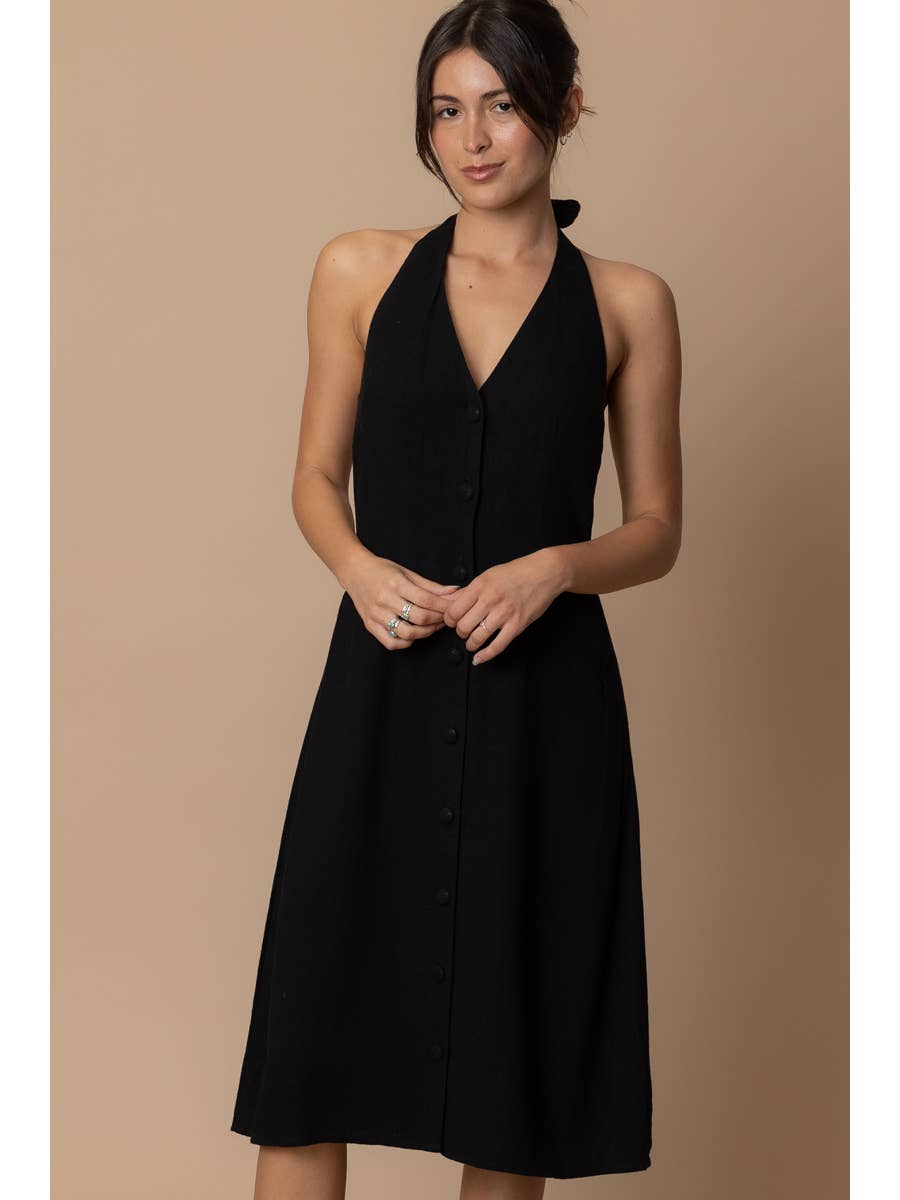 Black Halter Button Down Linen Dress