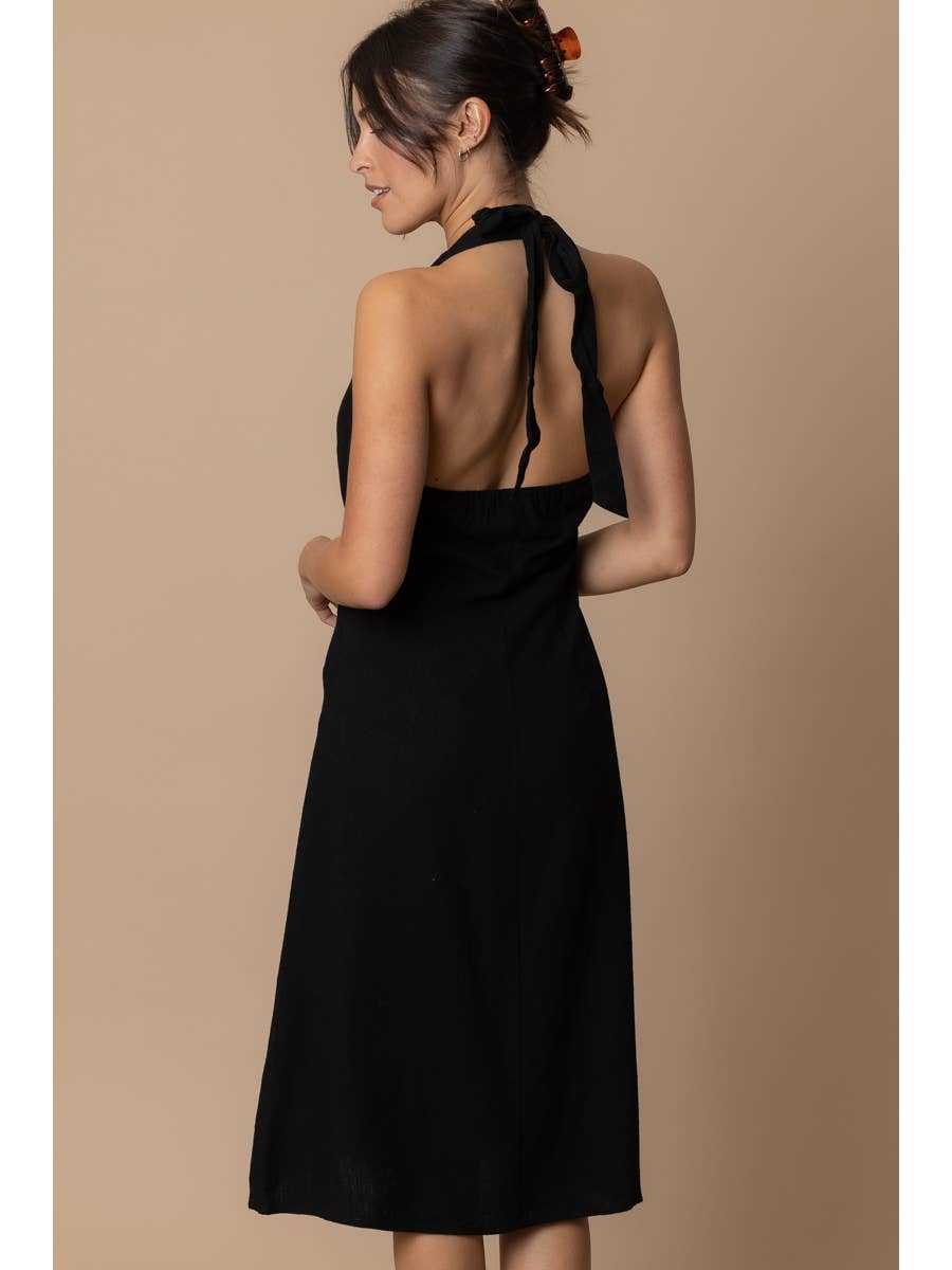 Black Halter Button Down Linen Dress