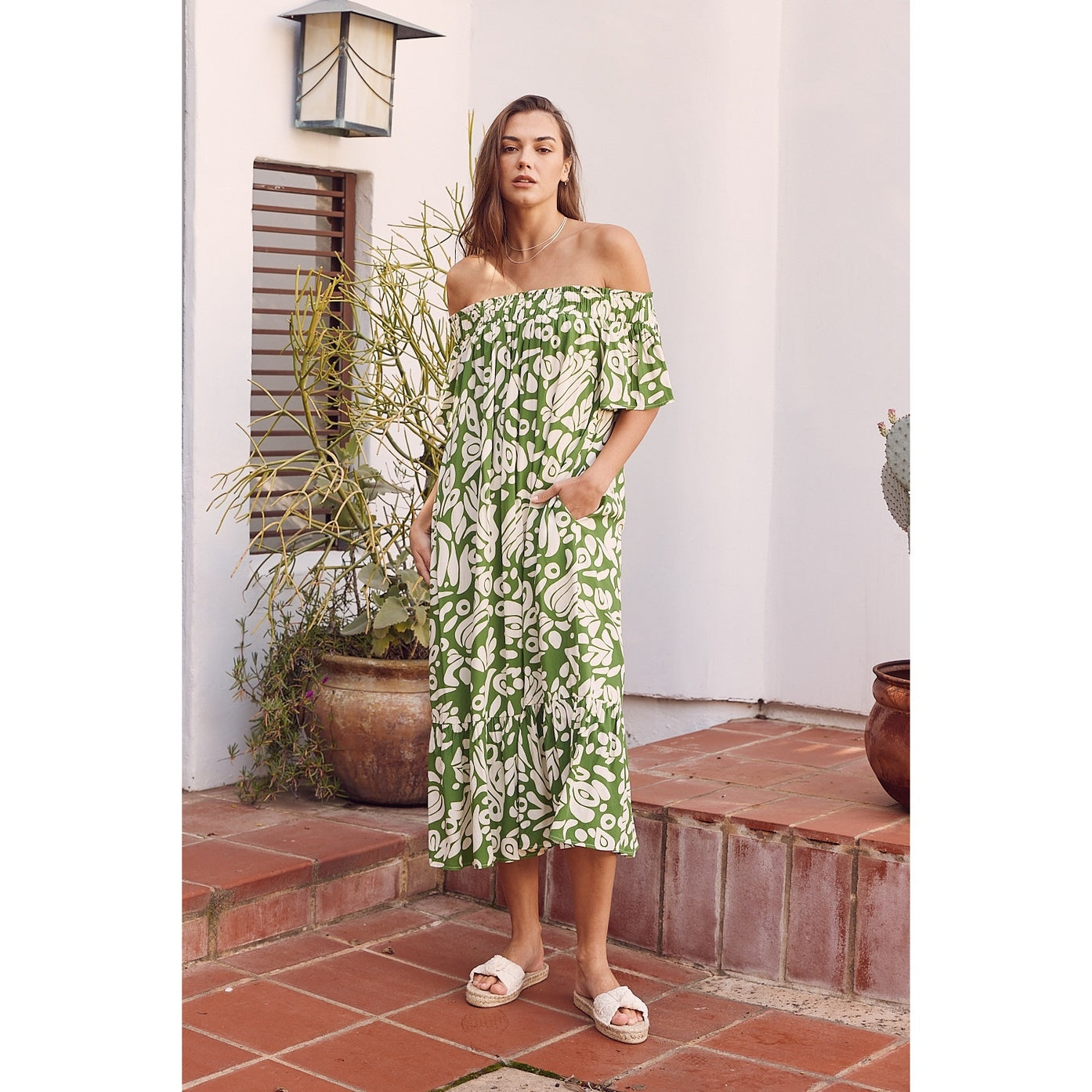 The Palm Print Off-Shoulder Dress
