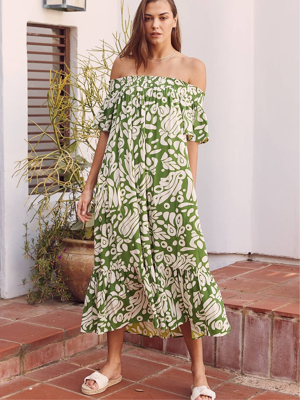 The Palm Print Off-Shoulder Dress