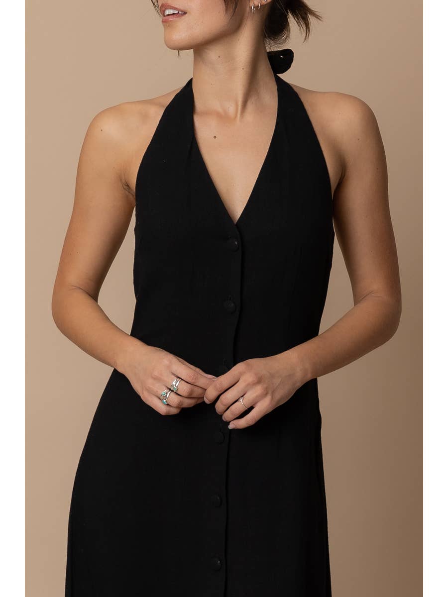 Black Halter Button Down Linen Dress