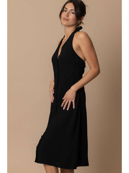 Black Halter Button Down Linen Dress
