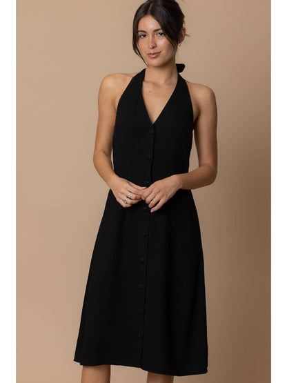 Black Halter Button Down Linen Dress