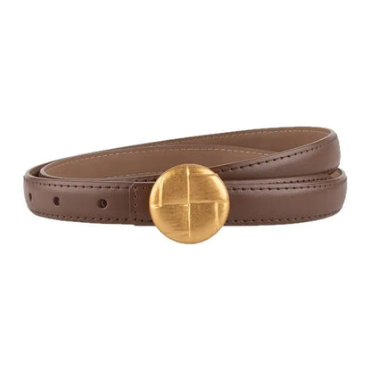 Round Gold Buckle Skinny Leather Belt