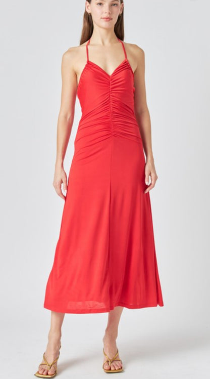 Halter Ruched Midi Spring Red