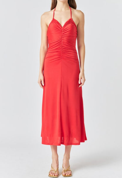Halter Ruched Midi Spring Red