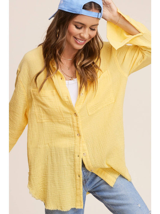 Raw edge gauze button down