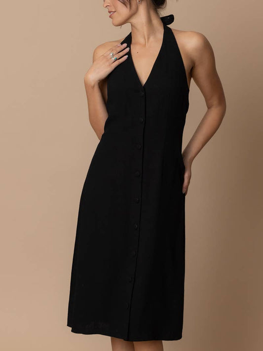 Black Halter Button Down Linen Dress
