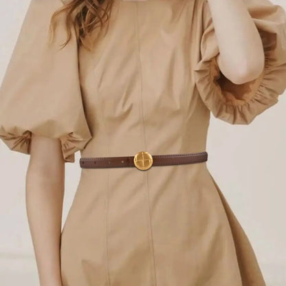Round Gold Buckle Skinny Leather Belt